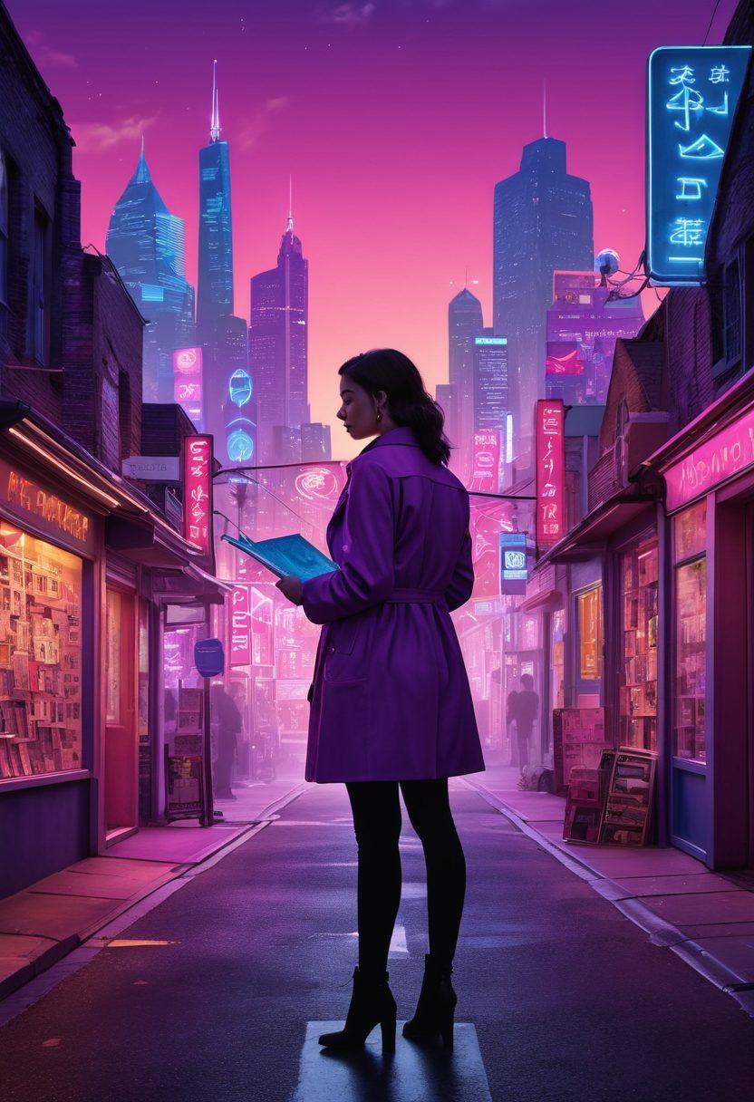 A confident individual standing at a crossroads, surrounded by eclectic symbols representing the adult industry, such as neon signs, silhouettes, and books. The person is holding a map symbolizing knowledge and exploration, with a thoughtful expression. The background features a vibrant cityscape at dusk, blending colors of purple, pink, and blue to evoke a sense of adventure and openness. The scene radiates warm and inviting energy. super-realistic. vibrant colors. cityscape.