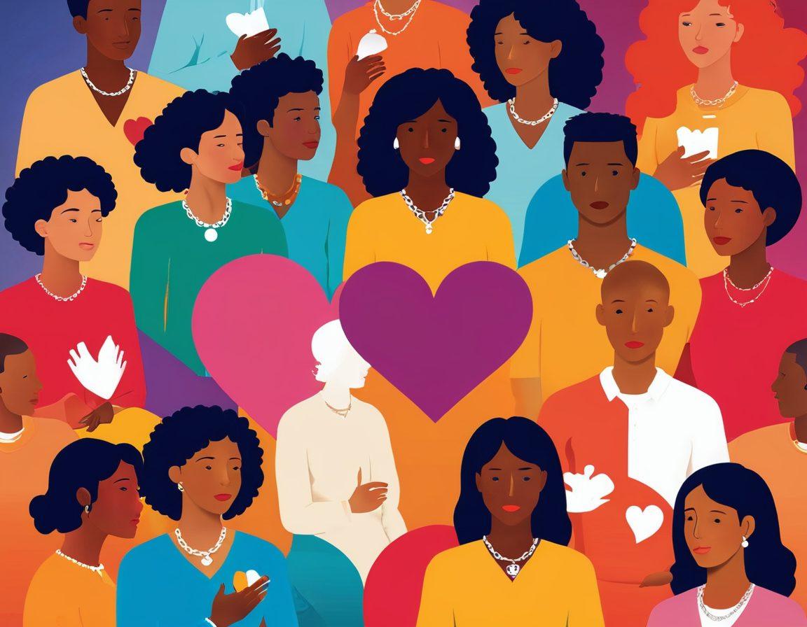 A visually striking representation featuring a diverse group of adults engaged in open discussions about sexual health. Incorporate symbolic elements such as a broken chain to indicate breaking taboos, books on adult content, and a heart symbolizing love and acceptance. The background should be a gradient of warm colors to convey a sense of openness and inclusivity. The style should be vibrant and inviting, evoking a sense of community and understanding. vibrant colors. digital illustration.